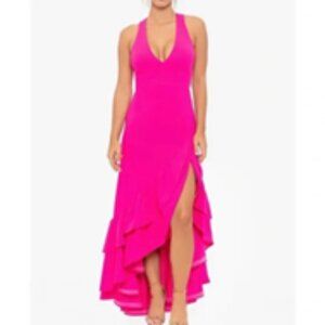 Betsy & Adam Women's Sleeveless V-Neck Hi Low Ruffle Scuba Crepe Dress